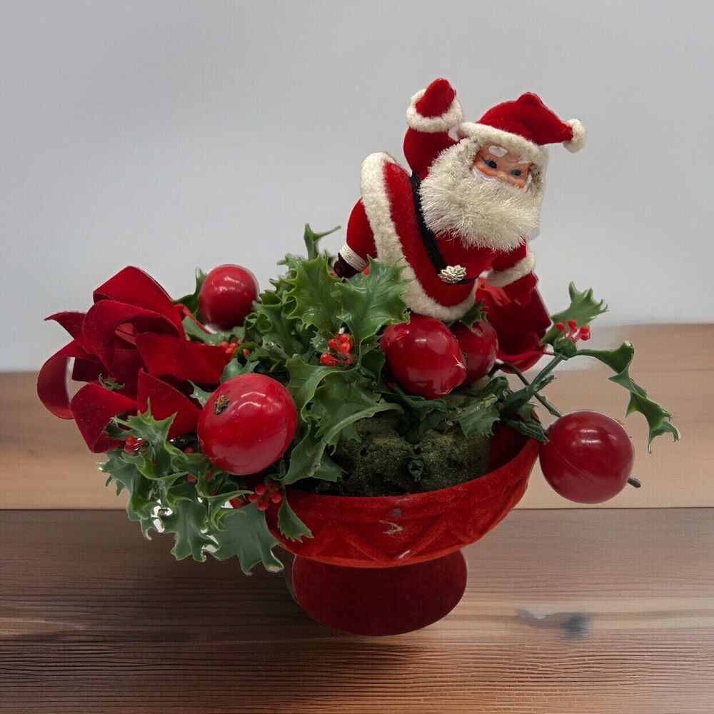 Vtg Christmas Centerpiece Flocked Santa Plastic Greenery Apples Holiday Retro